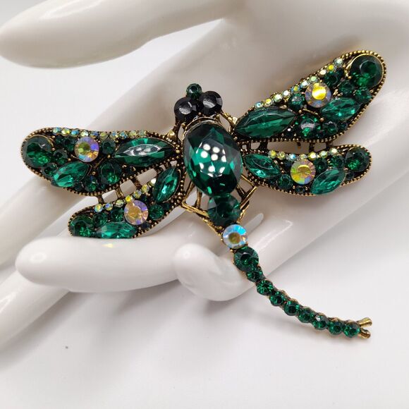 Dragonfly Large Brooch Pin Green Crystal Rhinestone Jewelry - Picture 3 of 13